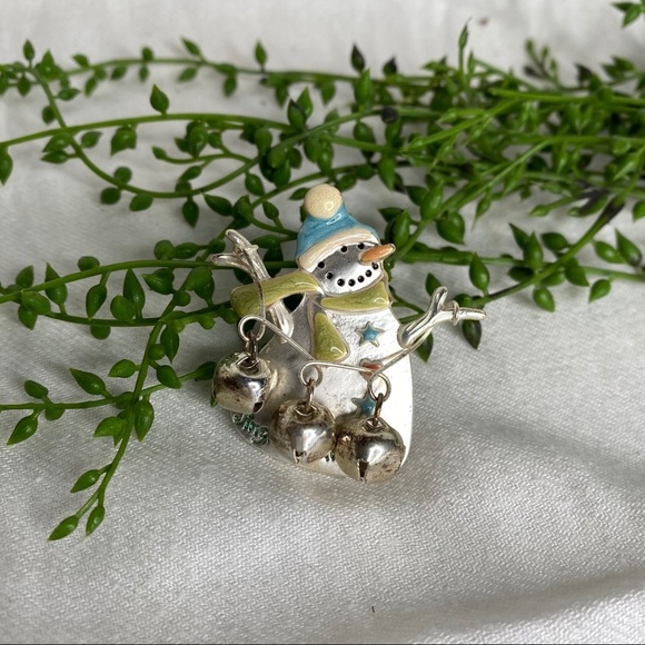Jingle All The Way Enamel and Silver Metal Snowman Brooch With Bells Marked TC - Picture 1 of 9